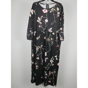 Women's Black Floral Crewneck 3/4 Sleeves Pockets Midi Dress XL